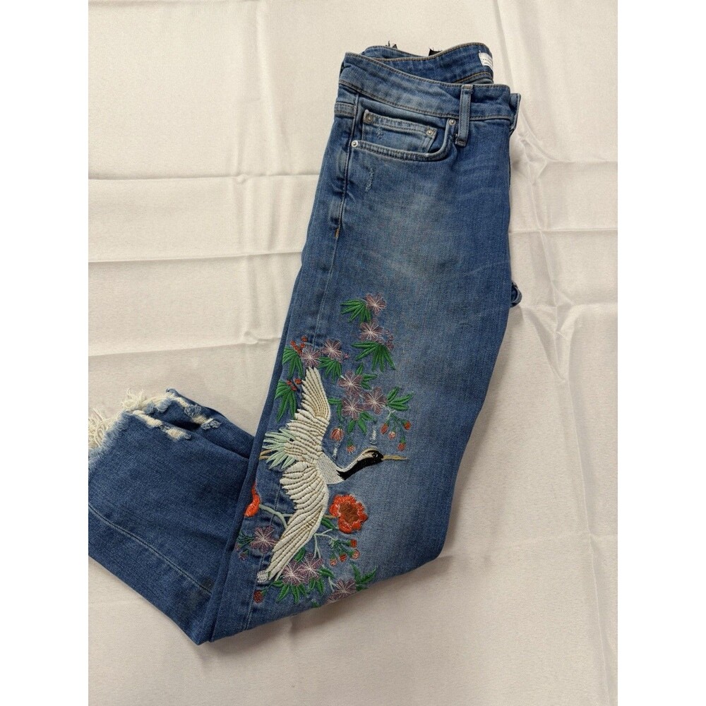 Zara Woman 4 Floral Bird Crane Embroidered Distressed Cut Off Frayed Hem Jeans